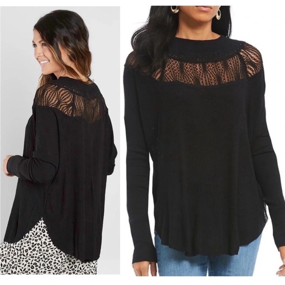 FREE PEOPLE Lace Trim Neckline Oversized Dolman Long Sleeve Thermal Knit Top XS‎